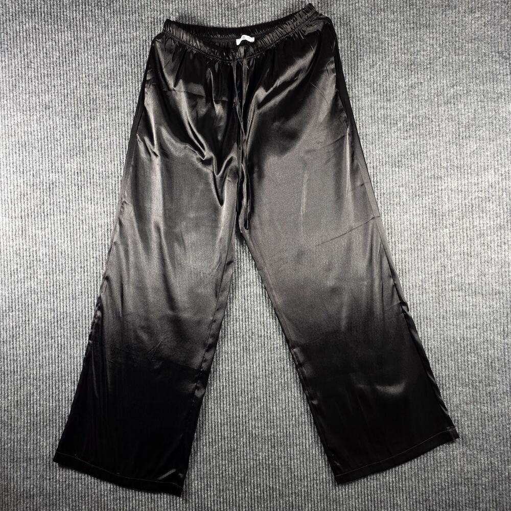 Black Satin Feel Wide Leg Lounge Pants Elastic Waist Size M